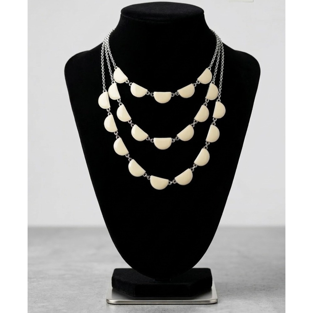 Cream Enamel Half Moon Triple Strand Necklace Silver Tone Layered Statement OS